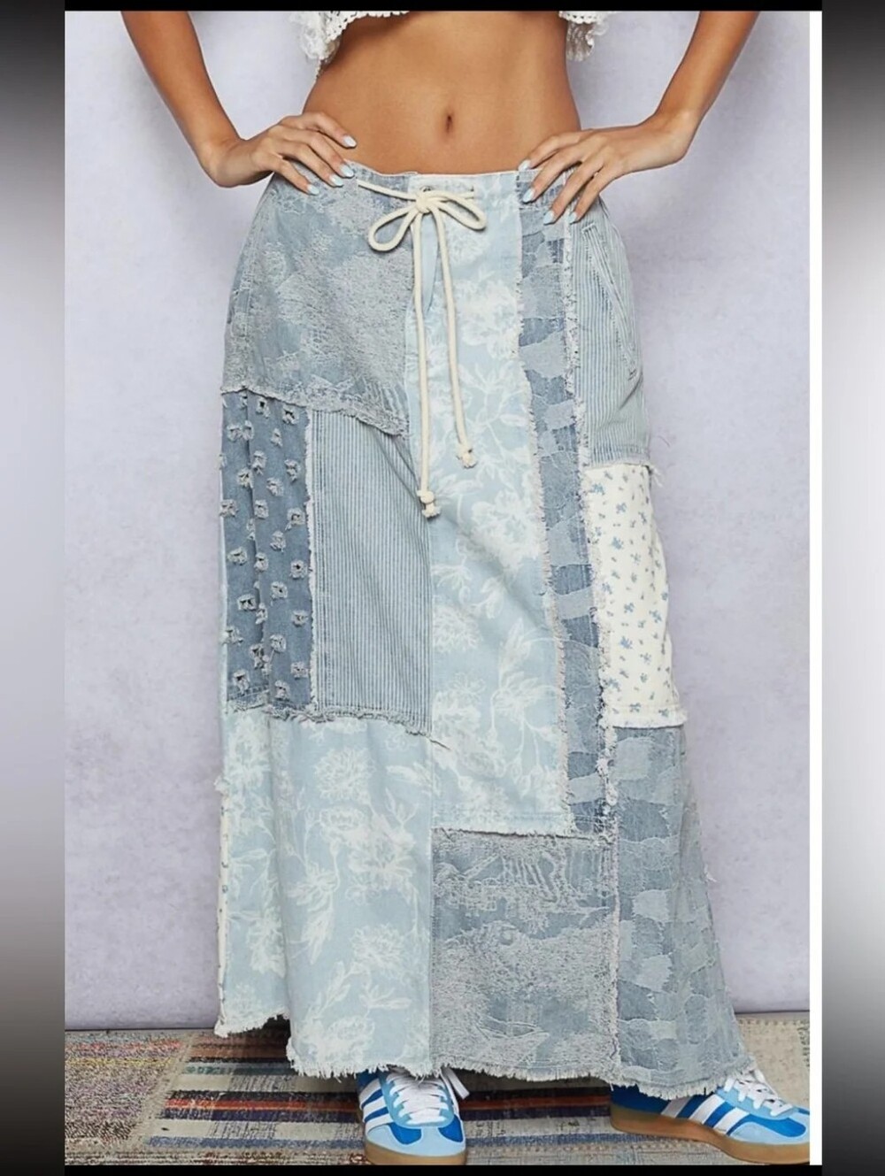 POL “Indigo Patches Maxi” Long Maxi Denim Light Blue Patchwork Skirt - Women S - Picture 11 of 13